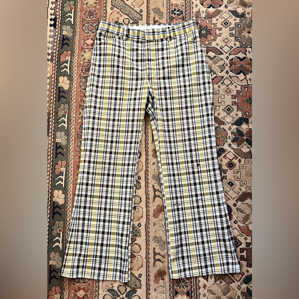 Vintage Men’s Yellow and Brown Plaid Check Straight-Leg Tailored Poly Trouser